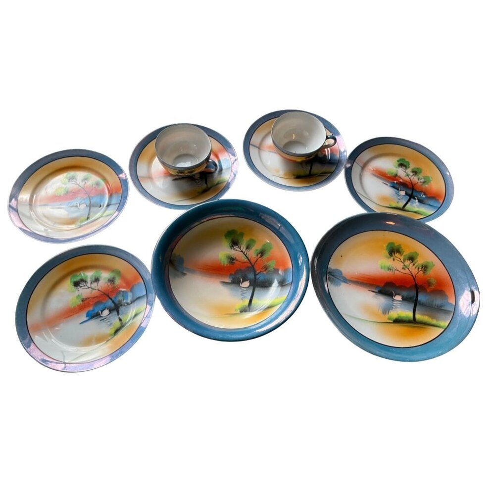 Vintage Chikaramachi Japanese Tea Set  9-Piece Hand Painted Swan lake Scene